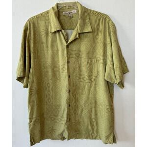Tommy Bahama XL Silk Solid Yellow Green Tiki Print Shirt Camp Relaxed Fit S/S